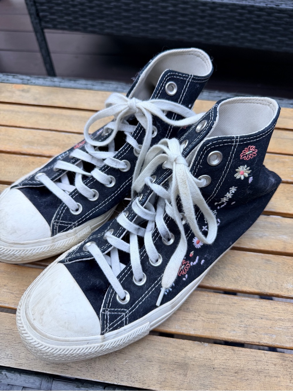 Converse Black High-Top Sneakers with Floral Embroidery